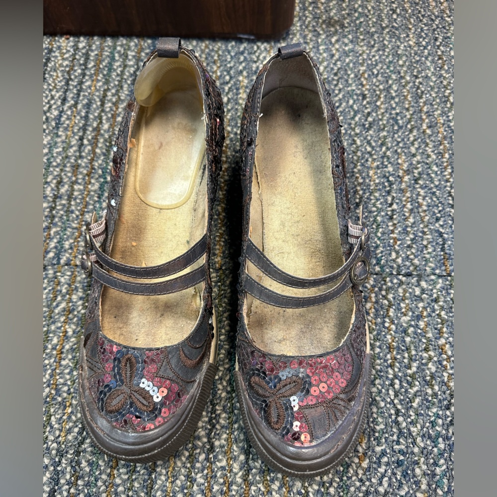 Super cute but worn sparkly wedge Mary Jane style shoes